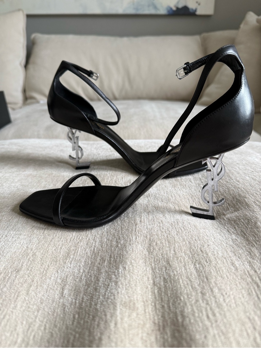 Saint Laurent Black Leather Sandals with Silver YSL Logo Heels - Picture 1 of 8